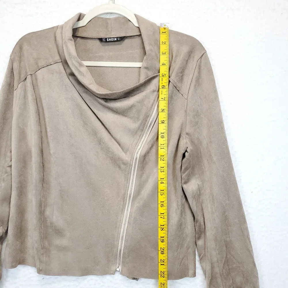 Shein Drape Neck Inside Out Blazer Top Women L Long Sleeves Front Zip Taupe - Picture 4 of 13